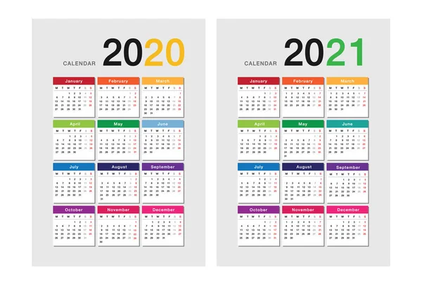 Kolorowy Rok 2020 Rok 2021 Kalendarz Horyzontalny Wektor Wzór Projektu — Wektor stockowy