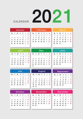 Takvim yılı 2021 vektör tasarım şablonu, basit ve temiz tasarım. Arkaplanda 2021 için Takvim