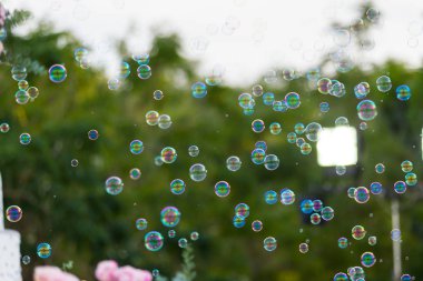 Arka planda sabun köpükleri bulanıklaştı. Bulanık balon partisi