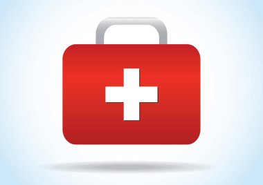 Kırmızı tıbbi kutu ikon vektör çizimi. İlk yardım ya da ilk yardım çantası ikonu. Mavi arka planda ilk yardım çantası. İzometrik vektör illüstrasyonu