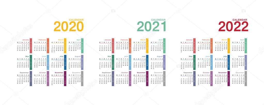 Year 2020 and Year 2021 and Year 2022 calendar vector design template, simple and clean design. Calendar for 2021 and 2022 on White Background for organization and business. Week Starts Monday. 
