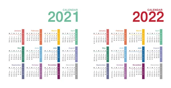 Bunte Jahr 2021 Und Jahr 2022 Kalender Horizontale Vektor Design — Stockvektor