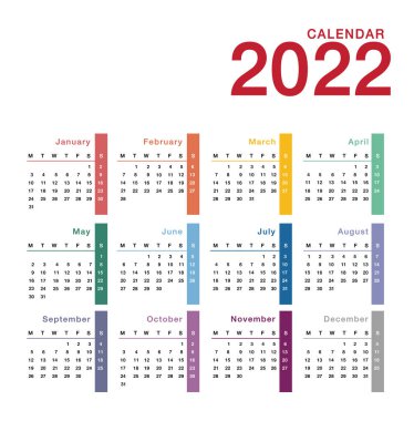 Renkli Yıl 2022 takvim yatay vektör tasarım şablonu, basit ve temiz tasarım. Organizasyon ve iş için Beyaz Arkaplan 2022 takvimi. Hafta Pazartesi Başlıyor.