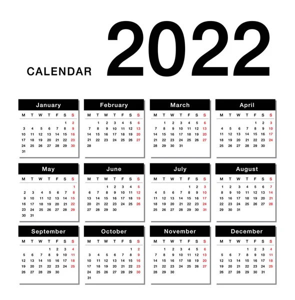 Year 2022 Calendar Horizontal Vector Design Template Simple Clean Design — Stock Vector