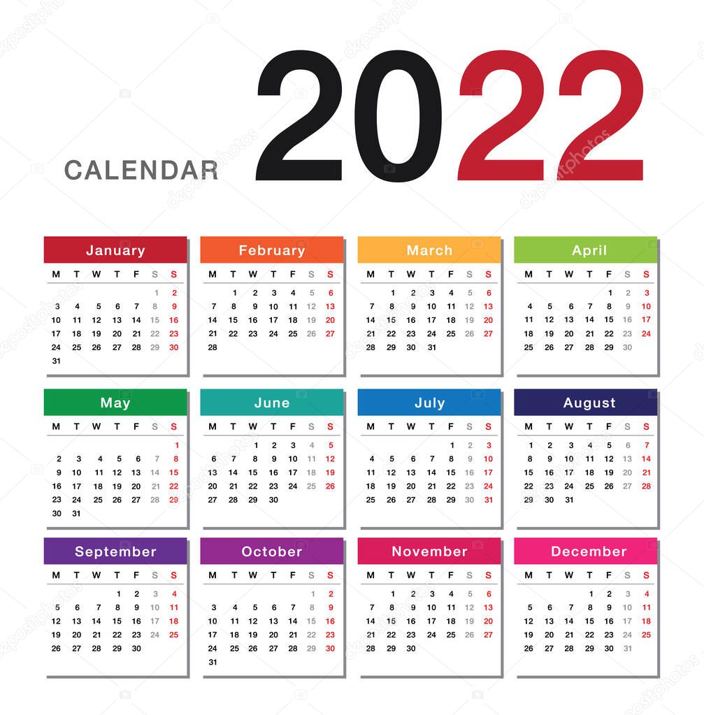 Year 2022 calendar horizontal vector design template, simple and clean design. Calendar for 2022 on White Background for organization and business. Week Starts Monday.