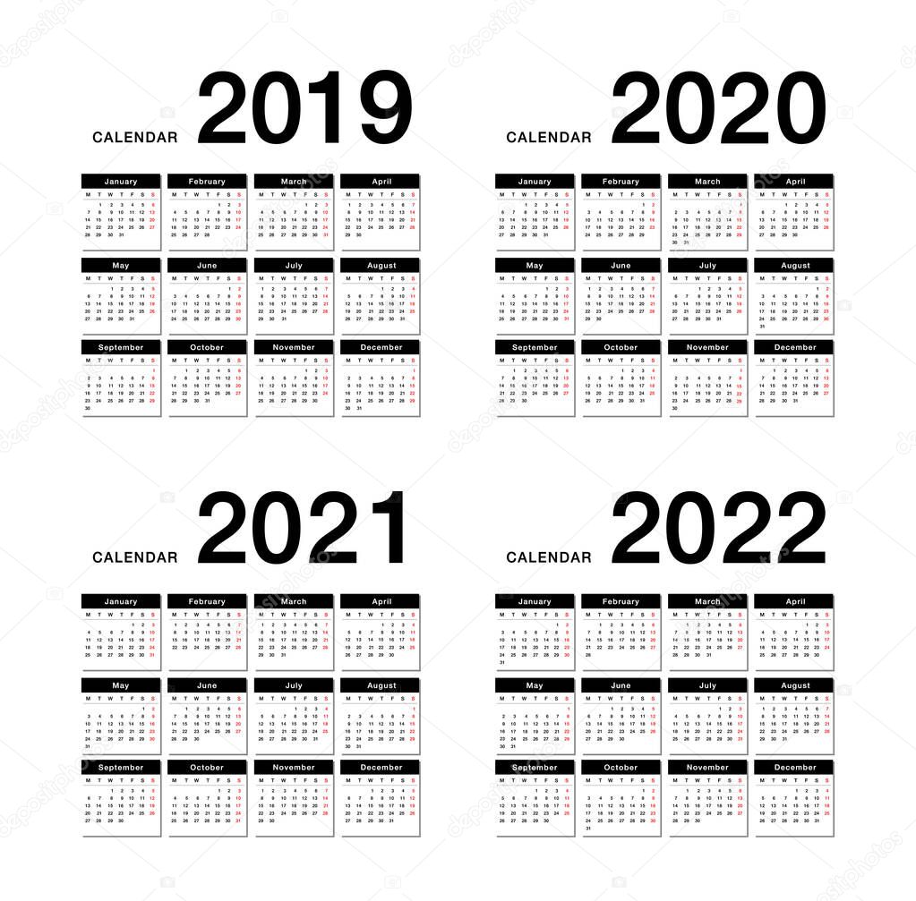 Year 2019 and Year 2020 and Year 2021 and Year 2022 calendar vector design template, simple and clean design for organization and business. Week Starts Monday. 
