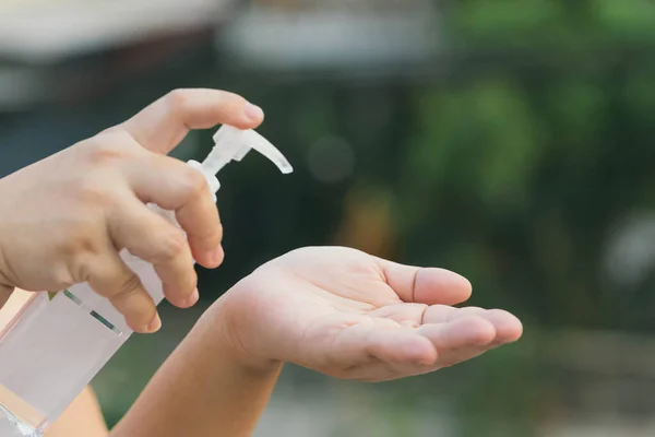 Hand Applying Alcohol Spray Bacteria Spray Prevent Spread Germs Bacteria — Stock Photo, Image