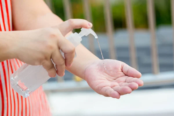 Hand Applying Alcohol Spray Bacteria Spray Prevent Spread Germs Bacteria — Stock Photo, Image