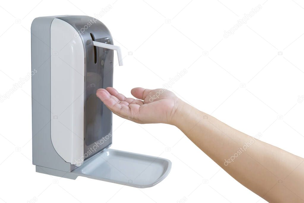 Hands under the automatic alcohol dispenser on white background. Infection and hospitably concept. save and protect disease virus against germs and clean in the public area. 