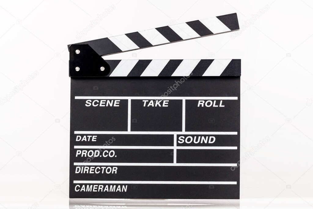 movie clappers open and close isolated on white background. Shown slate board.Realistic movie clapperboard. Clapper board isolated with clipping path included. image for object and illustration
