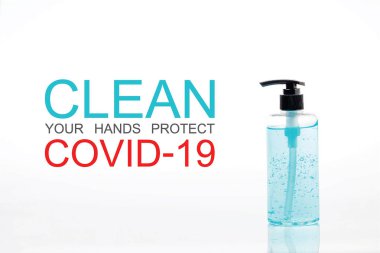 Alkol jeli şişesi ya da el dezenfektanı şişe dezenfektanı antibakteri ve virüs için el temizleyicisi. El hijyen virüsü koruması için Coronavirus önleme tıbbi el dezenfektanı jeli