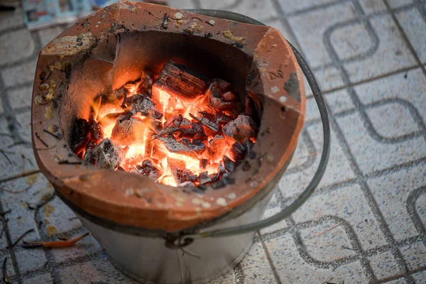 Stove Charcoal Orange Flames Coals Grill Charcoal Stove Burning Brazier — Stock Photo, Image