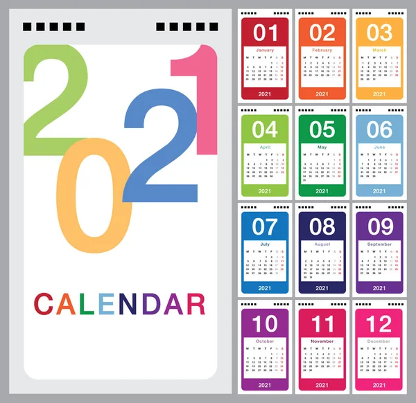Año Colorido 2021 Plantilla Diseño Vectores Calendario Diseño Simple Limpio — Vector de stock
