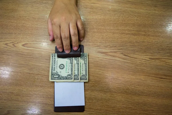 Man Hand Wallet Dollar Banknotes Wooden Table — 스톡 사진
