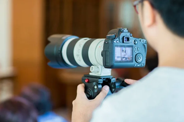 Professional Photographer Recording Video Camera Studio — Foto Stock