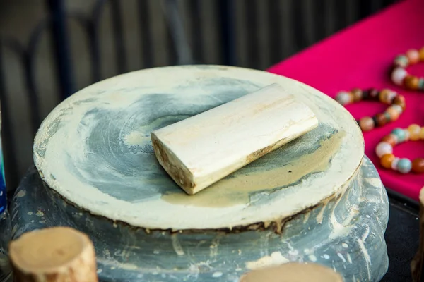 Closeup Shot Wooden Table White Plate — Photo