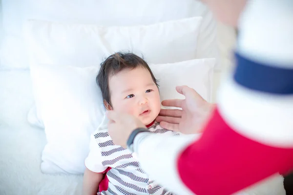 Cute Baby Boy Pacifier Bed — стоковое фото