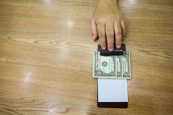 Man Hand Money Wooden Table — Stock Photo, Image