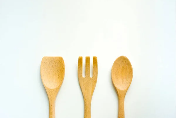 Cuchara Madera Tenedor Sobre Fondo Blanco — Foto de Stock