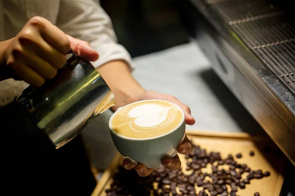 Barista Pouring Coffee Cup Glass Milk — стоковое фото