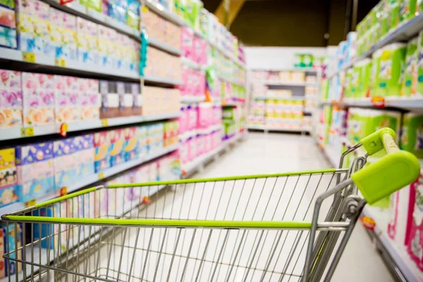 blurred background of supermarket with shopping cart