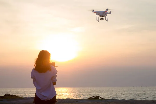 Young Woman Drone Flying Beach — Foto Stock