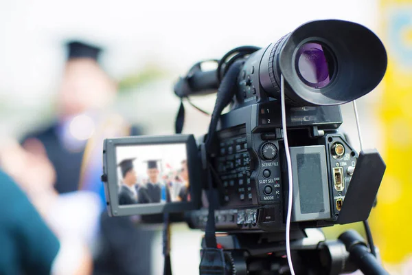 Professional Photographer Recording Video Camera Tripod — Stock Photo, Image