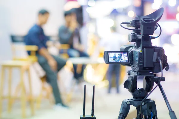 Professional Photographer Recording Video Camera Blurred Background — Stok fotoğraf