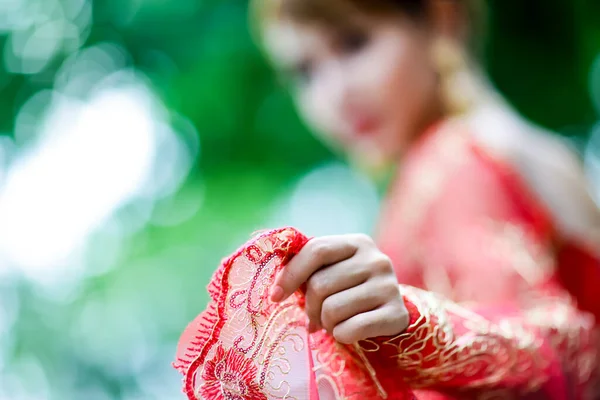 Little Girl Red Dress White Ball Background — Stockfoto