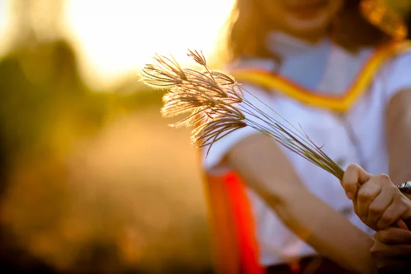 Woman Bunch Wheat Ears — Stockfoto