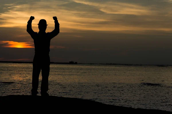 Silhouette Man Backpack Beach — Stock Photo, Image