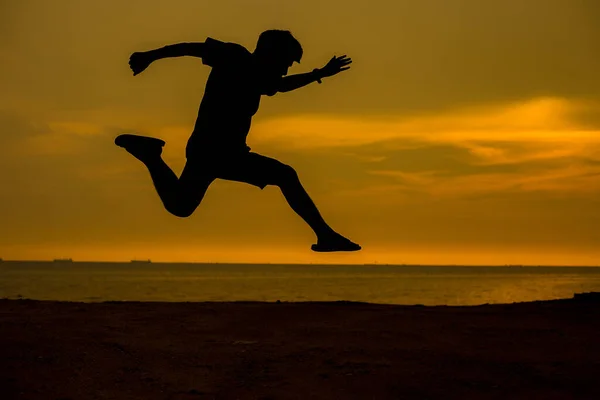 Silhouette Man Jumping Beach — Stock Photo, Image