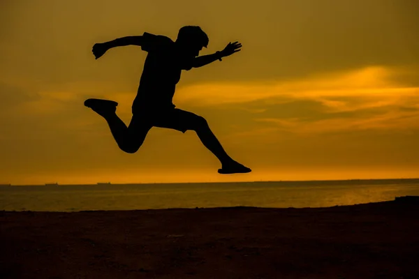 Silhouette Man Jumping Beach — Stock Photo, Image