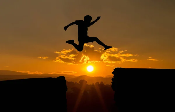 Silhouette Man Jumping Sunset — Stock Photo, Image