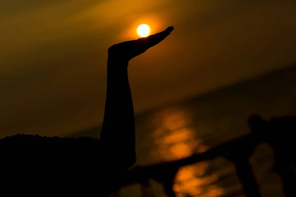 Silhouet Van Een Vrouw Met Een Zonsondergang Het Strand — Stockfoto