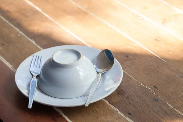 White Ceramic Plate Cup Coffee Wooden Background — Fotografia de Stock