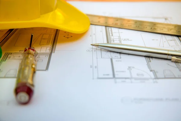 Construction Engineering Architecture Building Repair Equipment Tools Drawings Engineer Helmet Stock Image
