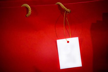 Boş beyaz karton fiyat etiketi ya da iplik izole edilmiş etiketi. TRAVEL INSURANCE ile bavul veya çanta üzerindeki boş bagaj etiketinin kapatılması, montaj veya ürünlerinizi göstermek için kullanılabilir.