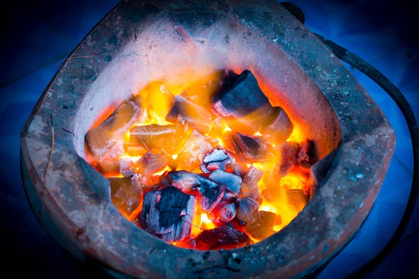 Stove Charcoal Orange Flames Coals Grill Charcoal Stove Burning Brazier — Stock Photo, Image