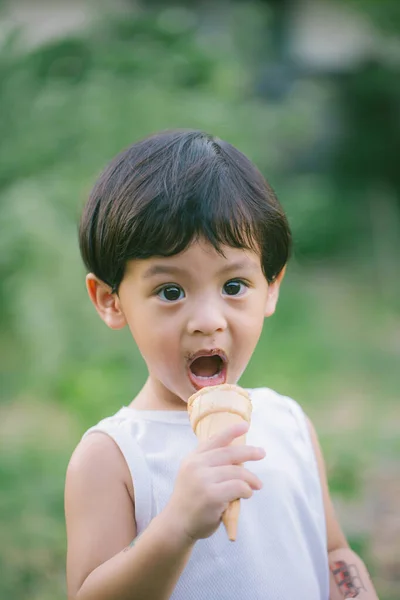 Asia Αγόρι Στόμα Επίγευση Από Την Κατανάλωση Παγωτό Σοκολάτα Επιδόρπιο — Φωτογραφία Αρχείου