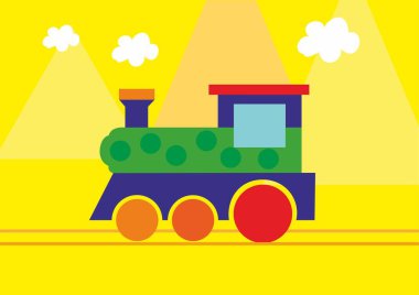Çizgi film renkli tren bulutlarla dağların yakınına gidiyor. Çocuklar için vektör illüstrasyonu.