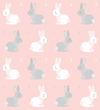 Pembe arka planda beyaz ve gri tavşanlar, kalpler, kusursuz desen.