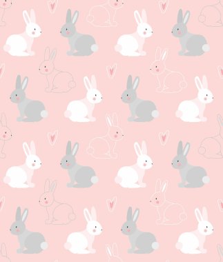 Pembe arka planda beyaz ve gri tavşanlarla, pembe kalplerle kusursuz bir desen.