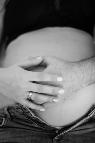 Pregnant Girl Husband Married Couple Hold Belly Hands Black White — Stock Photo, Image