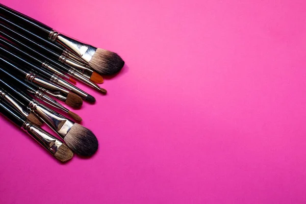 Make up brush lie on a pink background. Photo for blog