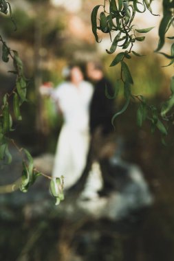 Doğadaki bir çiftin silueti. Düğün günü, gelin ve damat