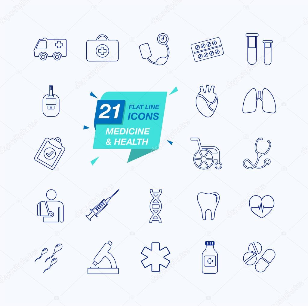 Thin lines web icon set - Medicine and Health symbols, 21 different elements