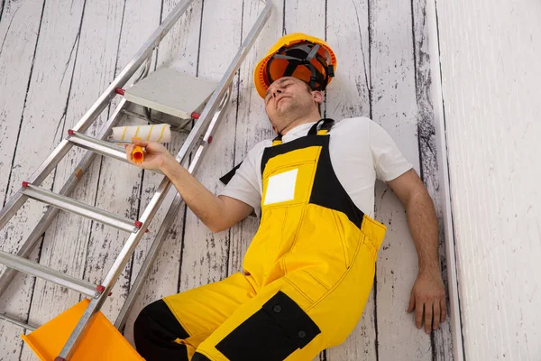 Construction Accident Inevitable Comply Occupational Safety Health Regulations Fall Ladder — Stock Photo, Image