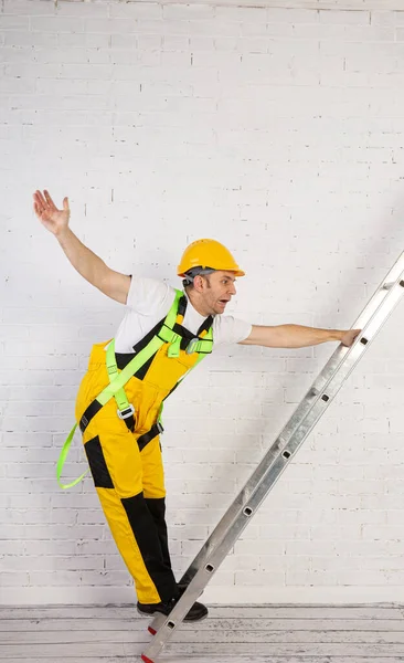 Irresponsible Use Ladder Construction Works — Zdjęcie stockowe