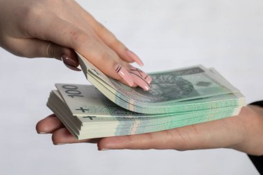 Zoom 'da para bozdururlarken banknotlarla dolu kadın ellerini görebilirsiniz. İki genç kadın eli bir tomar Polonya banknotu veriyor ve bir el onlara yukarıdan koruma sağlıyor..